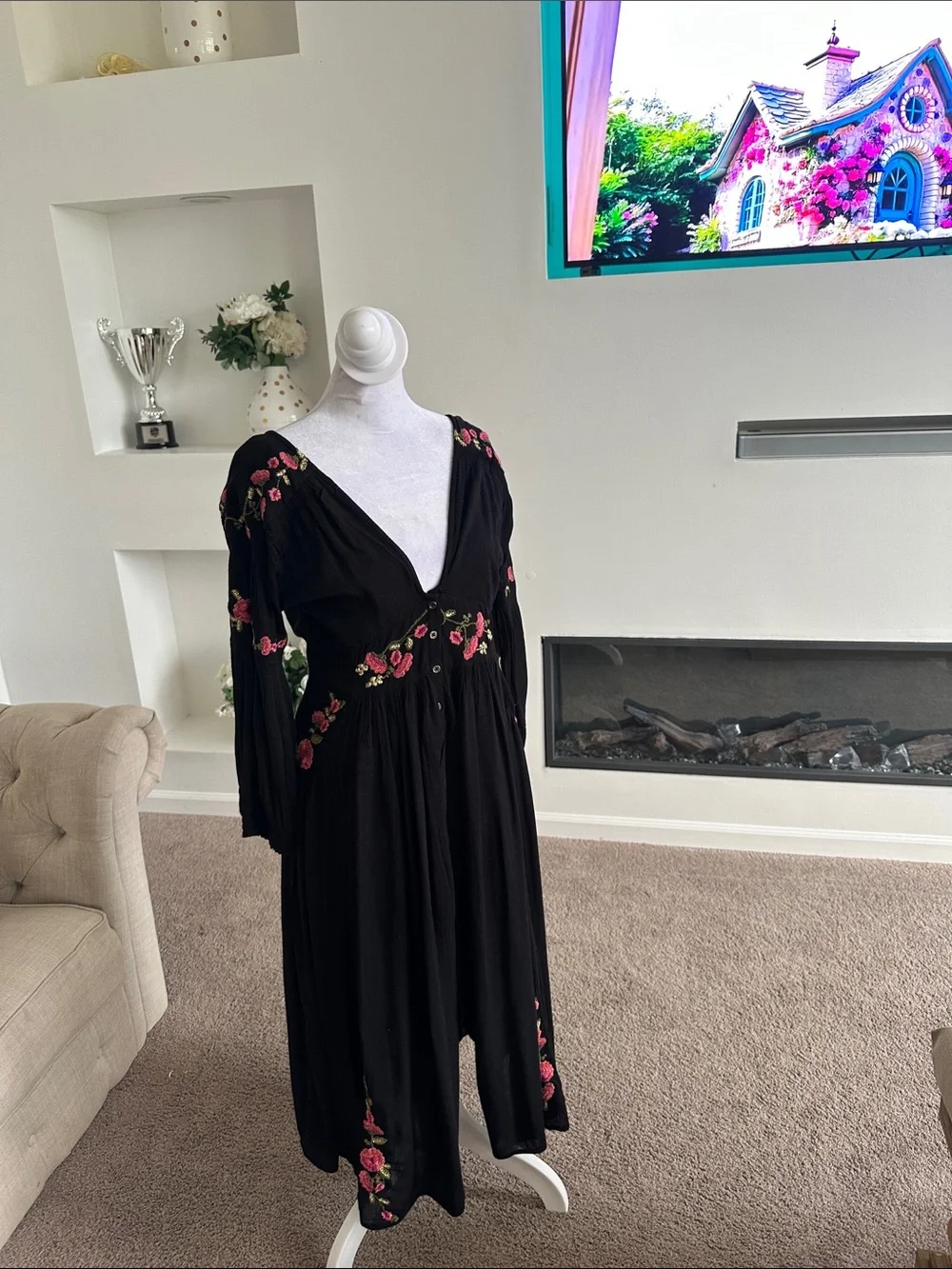 Free People Black Midi Dress with Pink Floral Embroidery
